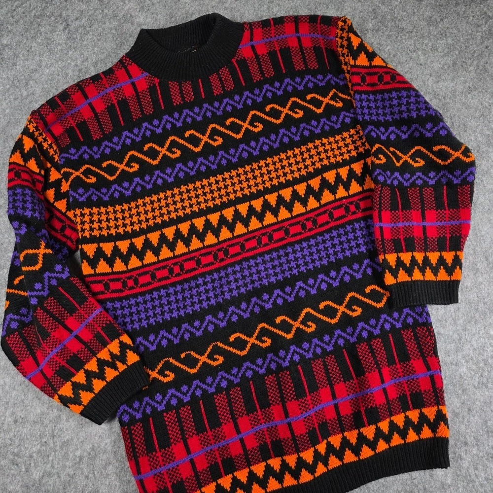 Vintage‎ Sweater Plaid Houndstooth 90s Large Cosby Grandpacore Kitschy USA Retro